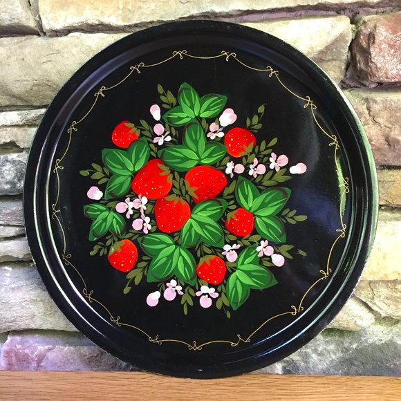 Hand Crafted Other - VTG Strawberry Hand-painted Metal Black Tray Cottagecore Fruit Farmhouse Cottage